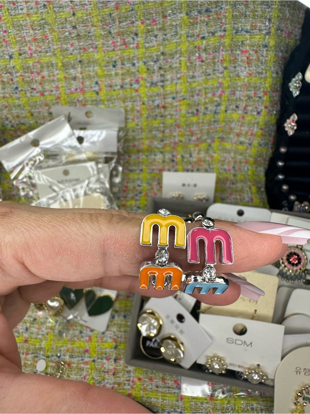 Colorful M Letter Charm Earrings - Pink, Yellow, Orange, Blue